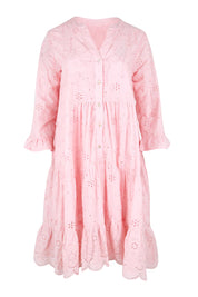 Product shot of the Essentials Broderie Frill Hem and Sleeves Dress - Pink in colour Pink, from the front