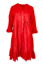 Product shot of the Essentials Broderie Frill Hem and Sleeves Dress - Red in colour Red, from the front