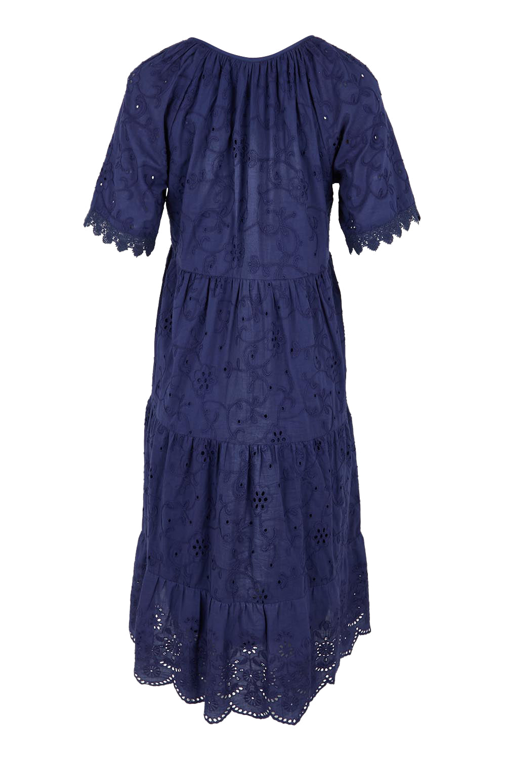 Product shot of the Essentials Broderie Layers Dress - Navy in colour Navy, from the back