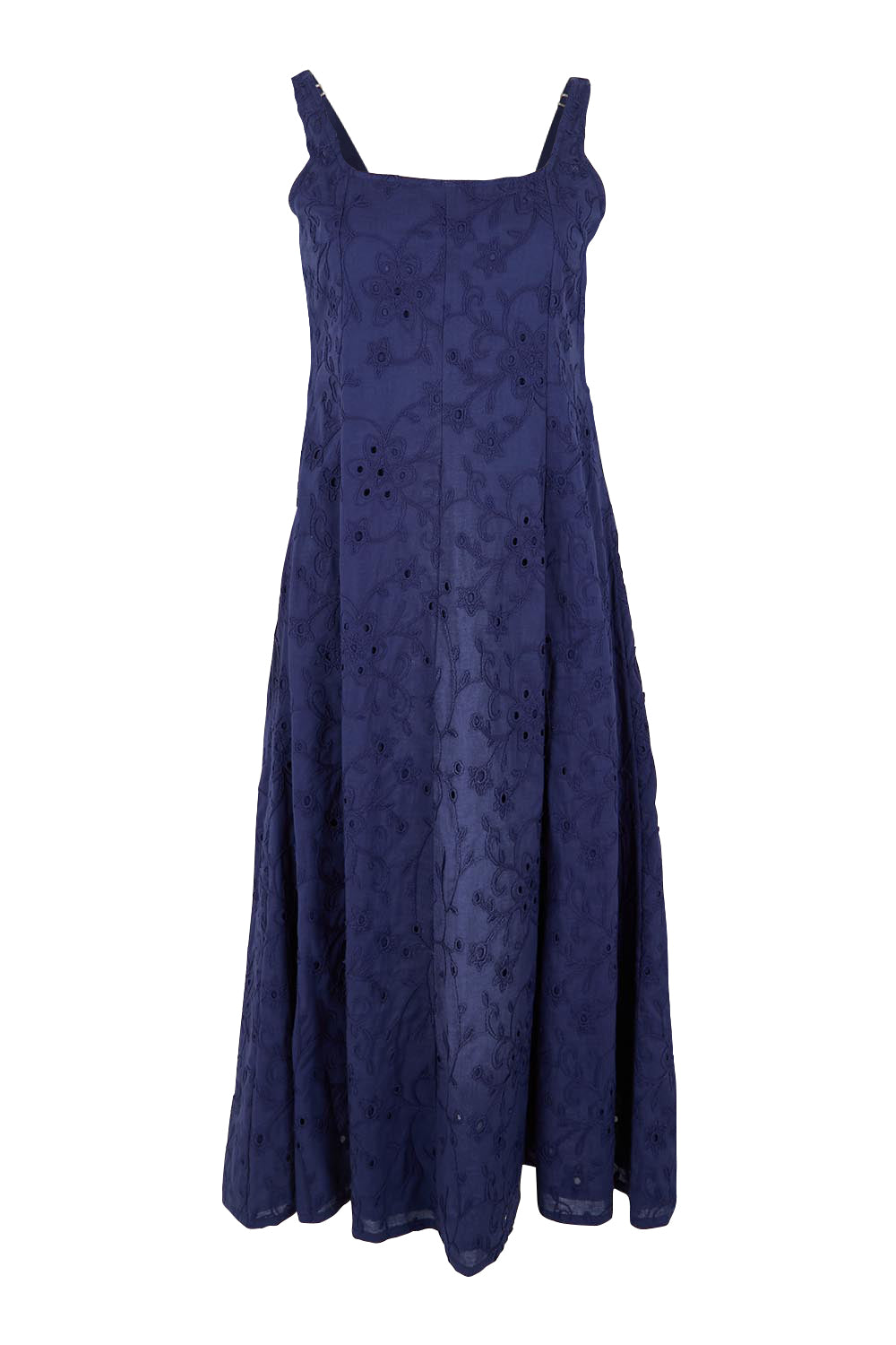 Product shot of the Essentials Broderie Strappy Cotton Dress - Navy in colour Navy, from the front