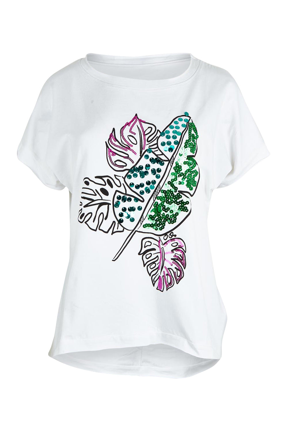 Product shot of the Embellished Cotton Tee in colour Whitepalm (White), from the front