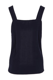 Product shot of the Essentials Squareneck Knit Cotton Tank in colour Navy (Blue), from the back