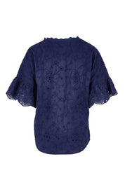 Product shot of the Essentials Broderie Frill Sleeve Cotton Top - Navy in colour Navy, from the back