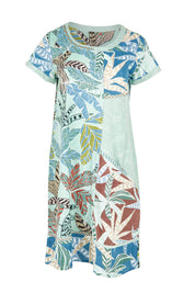 Product shot of the Fitzroy  Organic Cotton Patch Dress in colour Print (Blue), from the front