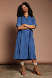 Model Ziara wearing size 10 of the Corduroy Collar Dress in colour Blue (Blue), from the front, showing the whole outfit