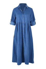 Product shot of the Corduroy Collar Dress in colour Blue (Blue), detail