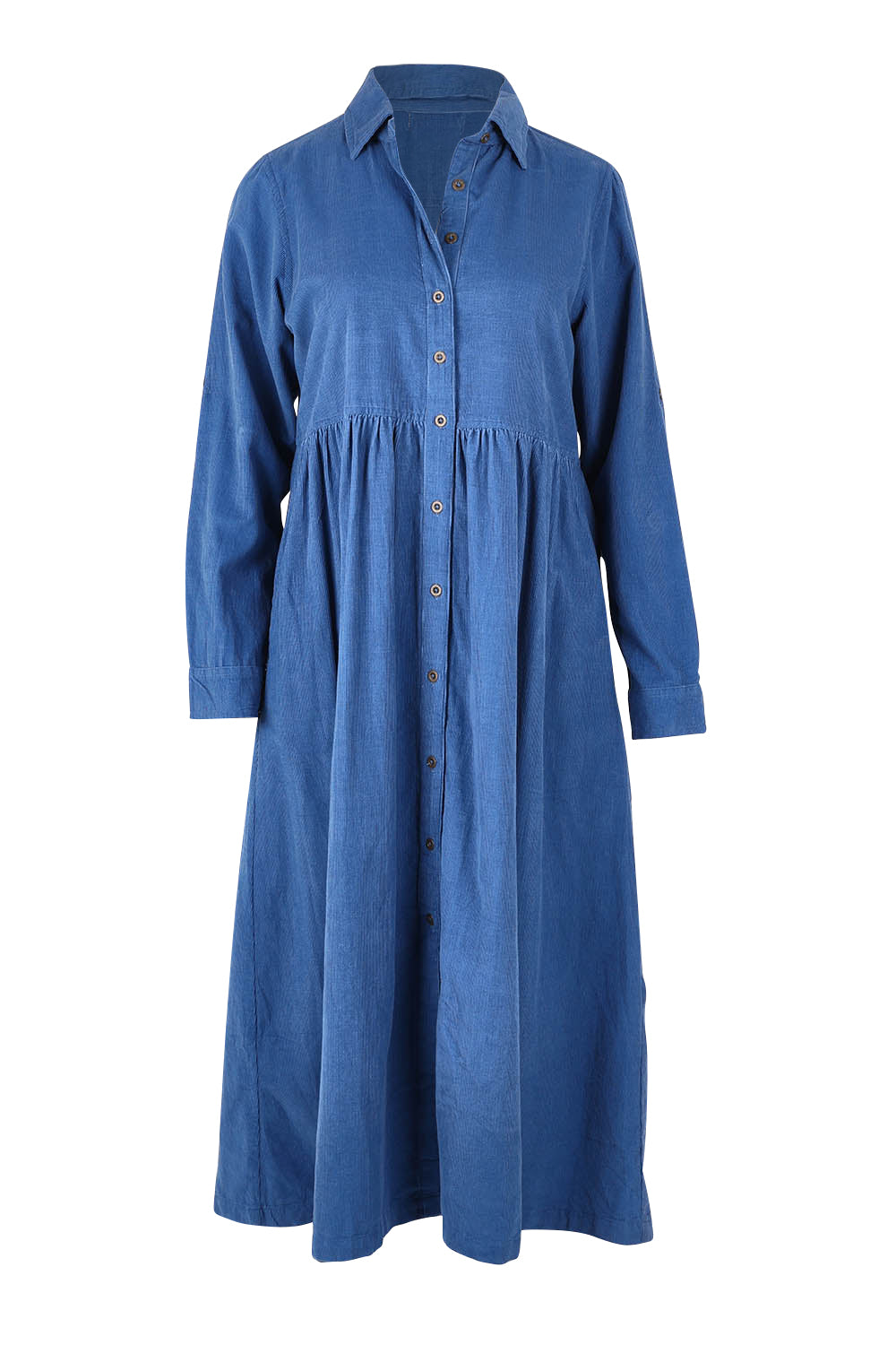 Product shot of the Corduroy Collar Dress in colour Blue (Blue), from the front