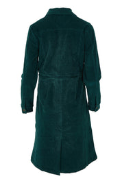 Product shot of the Cotton Corduroy Button Dress in colour Pine (Green), from the back