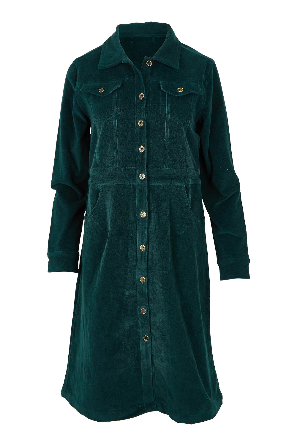 Product shot of the Cotton Corduroy Button Dress in colour Pine (Green), from the front