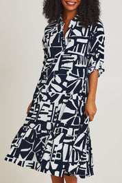 Model Ziara wearing size 10 of the Corduroy Cotton Collar Dress in colour Navy (Blue), from the front, cropped image