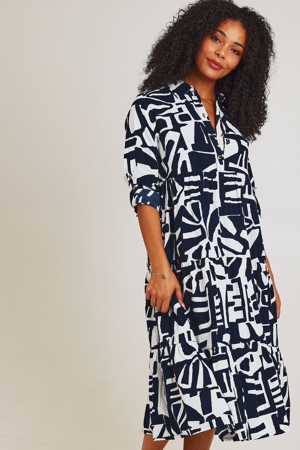 Model Ziara wearing size 10 of the Corduroy Cotton Collar Dress in colour Navy (Blue), from the front, cropped image