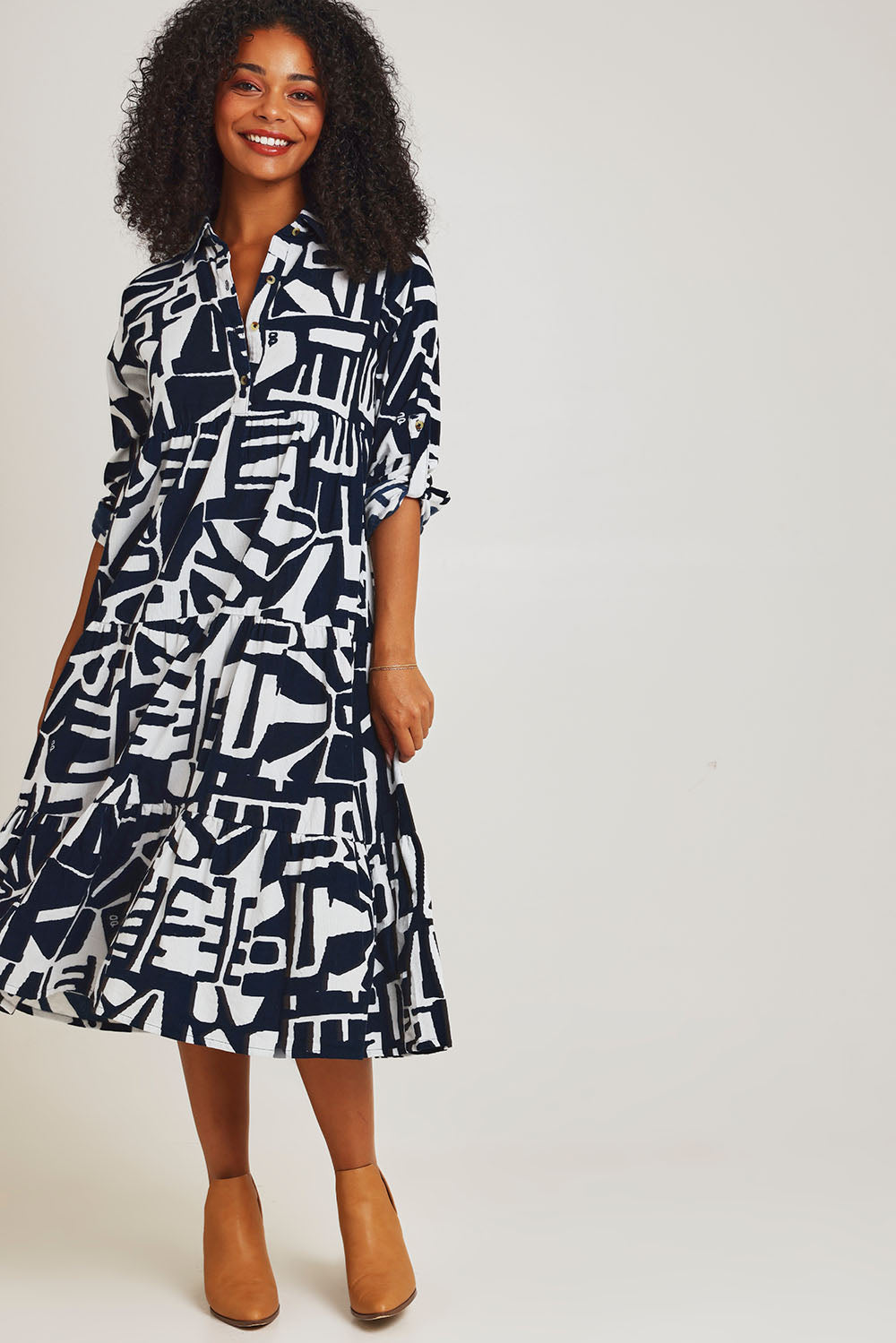 Model Ziara wearing size 10 of the Corduroy Cotton Collar Dress in colour Navy (Blue), from the front, showing the whole outfit