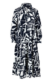 Product shot of the Corduroy Cotton Collar Dress in colour Navy (Blue), from the front