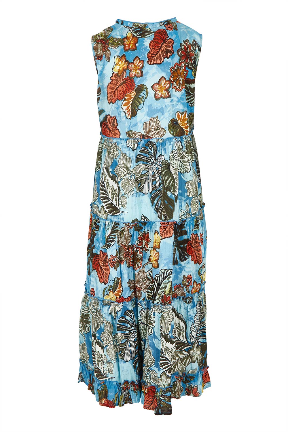 Product shot of the Cotton Sleeveless Layers Dress in colour Lima (Blue), from the back