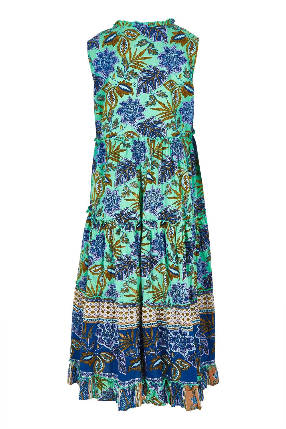 Product shot of the Sleeveless Layers Cotton Dress in colour Lascuevas, from the back
