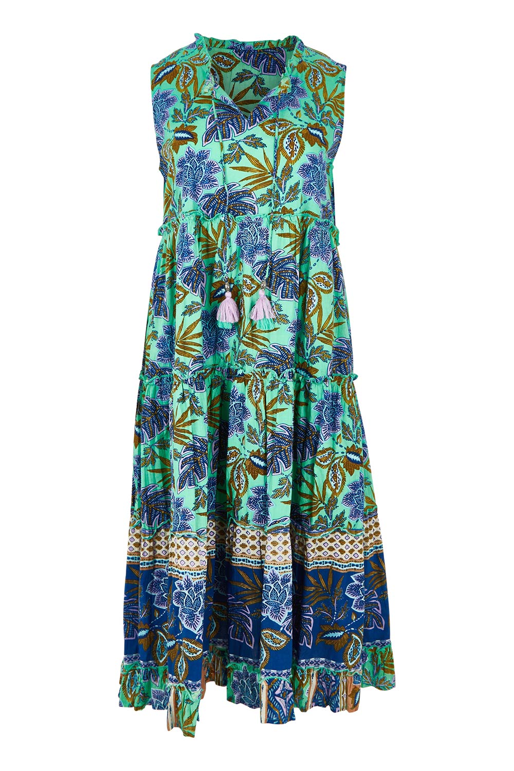 Product shot of the Sleeveless Layers Cotton Dress in colour Lascuevas, from the front