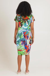 Model Ziara wearing size 10 of the Short Sleeve Bubble Cotton Dress in colour Leavesblue, from the back