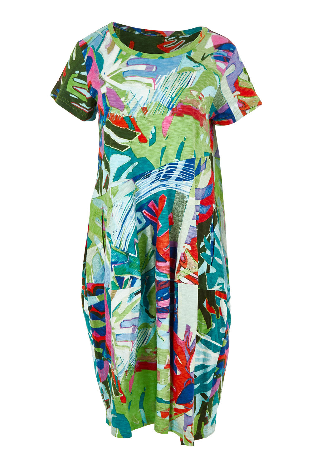 Product shot of the Short Sleeve Bubble Cotton Dress in colour Leavesblue, from the front