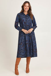 Model Madeline wearing size 10 of the Midi Collar Dress in colour Tabriz (Blue), from the front, showing the whole outfit
