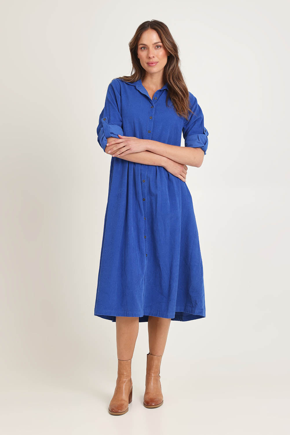 Cord Collar Buttons Dress – Cobalt