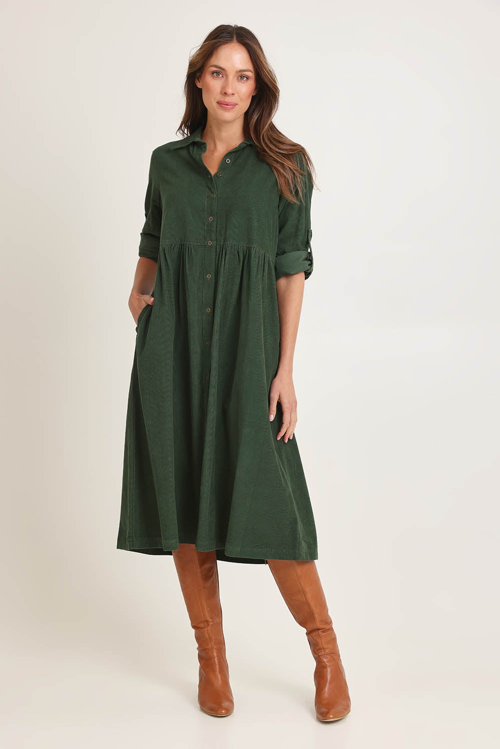 Cord Collar Buttons Dress – Military