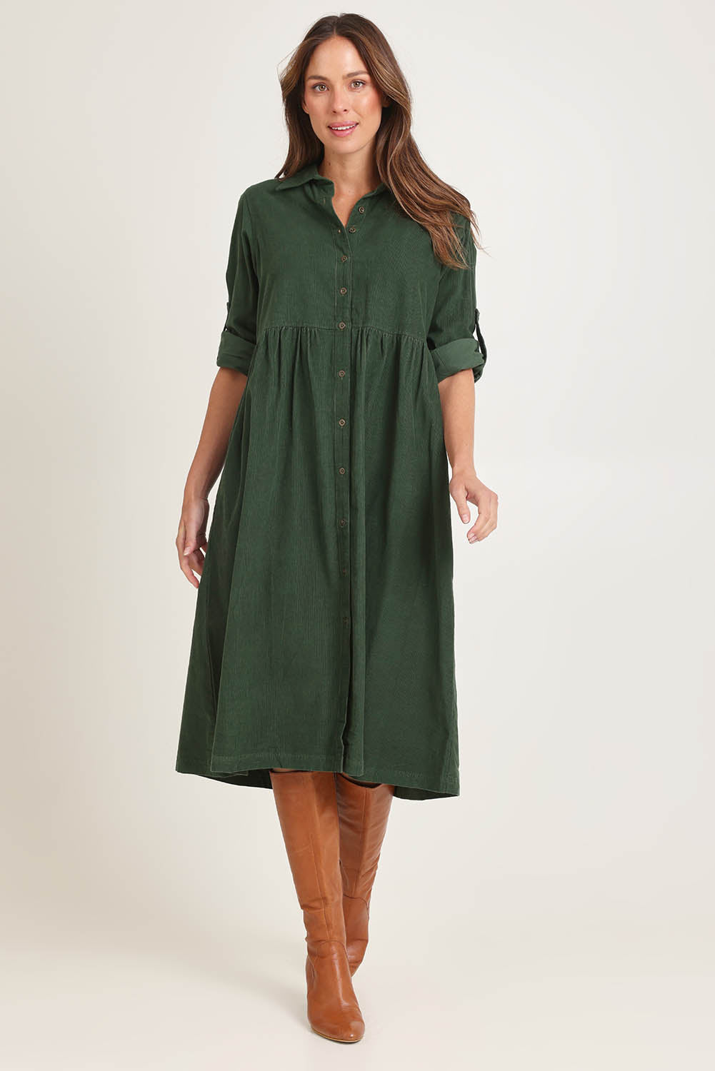 Cord Collar Buttons Dress – Military