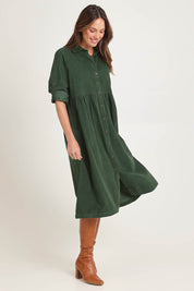 Cord Collar Buttons Dress – Military