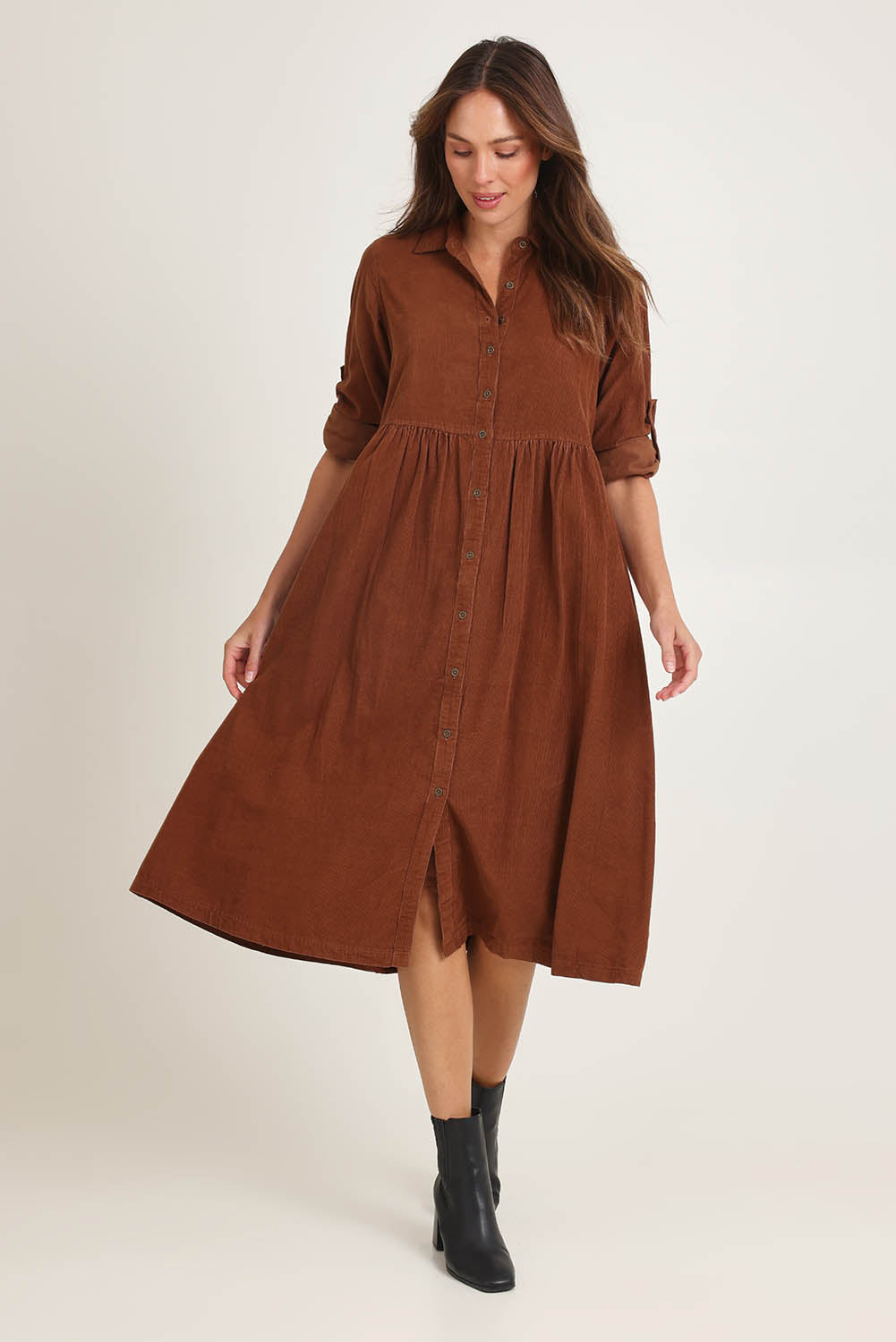 Cord Collar Buttons Dress – Tan