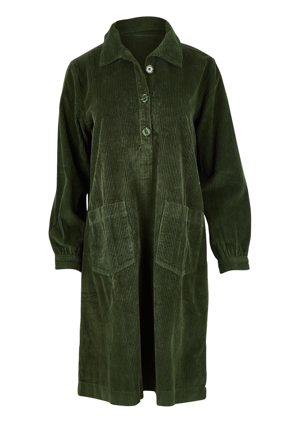 Product shot of the Cord Solids Pockets Dress in colour Military (Green), from the front