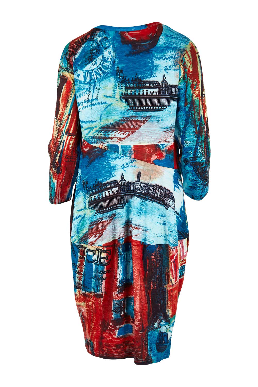 Product shot of the Cotton Bubble Dress in colour Venicemult (Blue), from the back