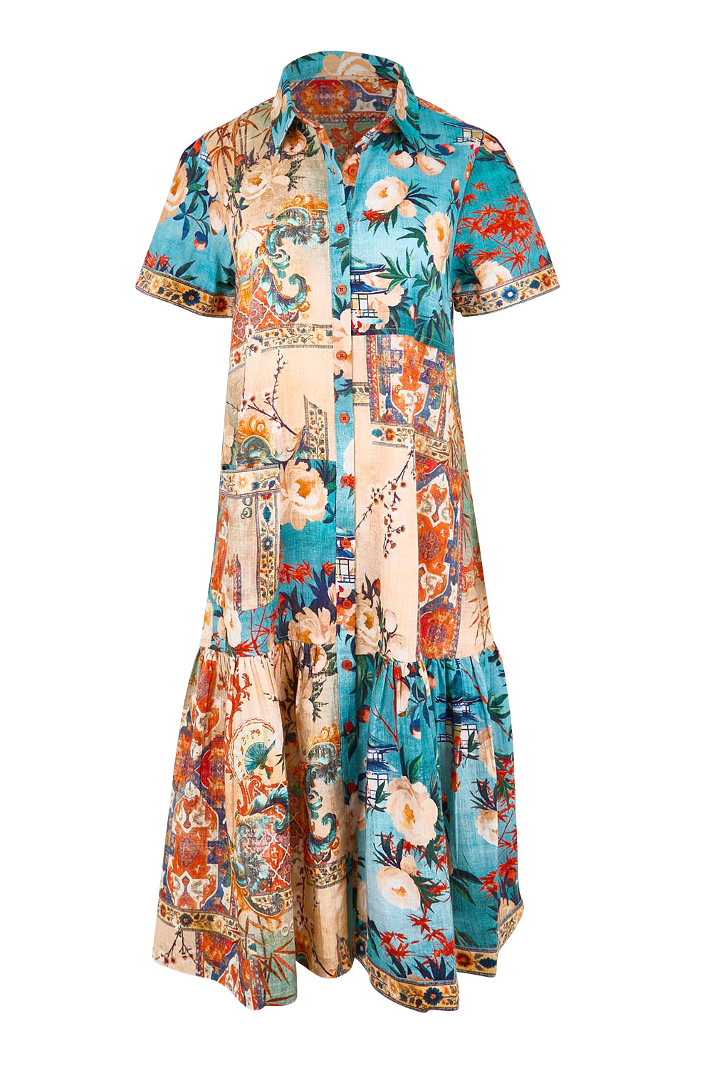 Product shot of the Long Patch Dress – Print in colour Print, from the front