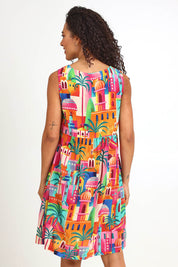 Model Pamelar wearing size 10 of the Sleeveless  Contemporary  Dress – Moorish in colour Moorish, from the back
