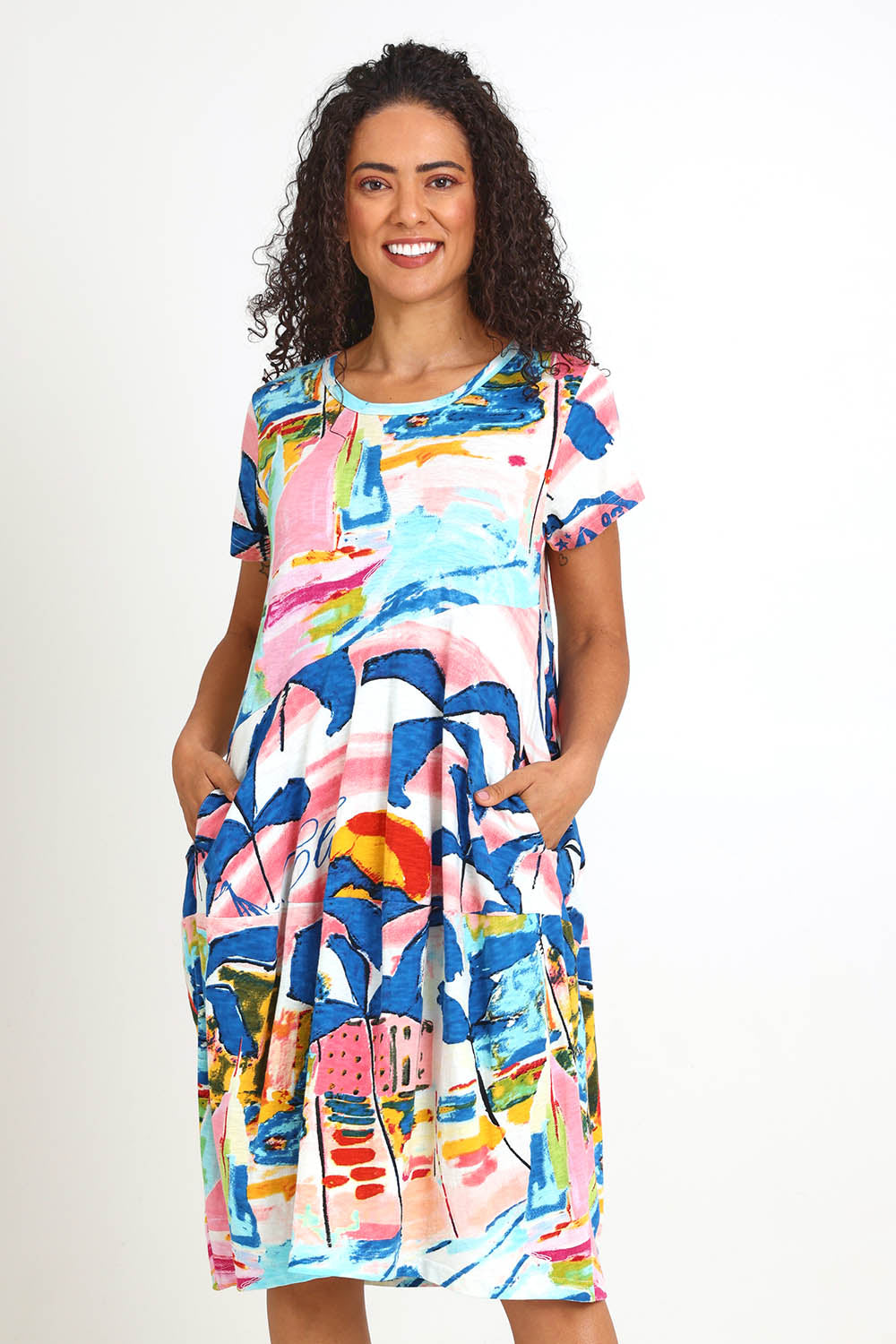 Model Pamelar wearing size 10 of the Bubble Dress – Yacht in colour Yacht, in a cropped view