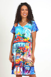 Model Pamelar wearing size 10 of the V-Contemporary Dress – Lisbon in colour Lisbon, in a cropped view