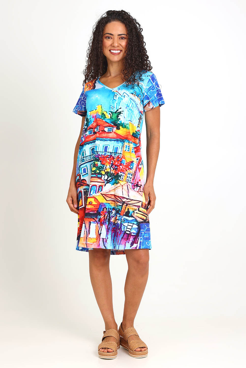 Model Pamelar wearing size 10 of the V-Contemporary Dress – Lisbon in colour Lisbon, from the front