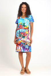 Model Pamelar wearing size 10 of the V-Contemporary Dress – Lisbon in colour Lisbon, from the front