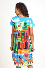 Model Pamelar wearing size 10 of the Easy Fit Dress – Mexicana in colour Mexicana, from the back