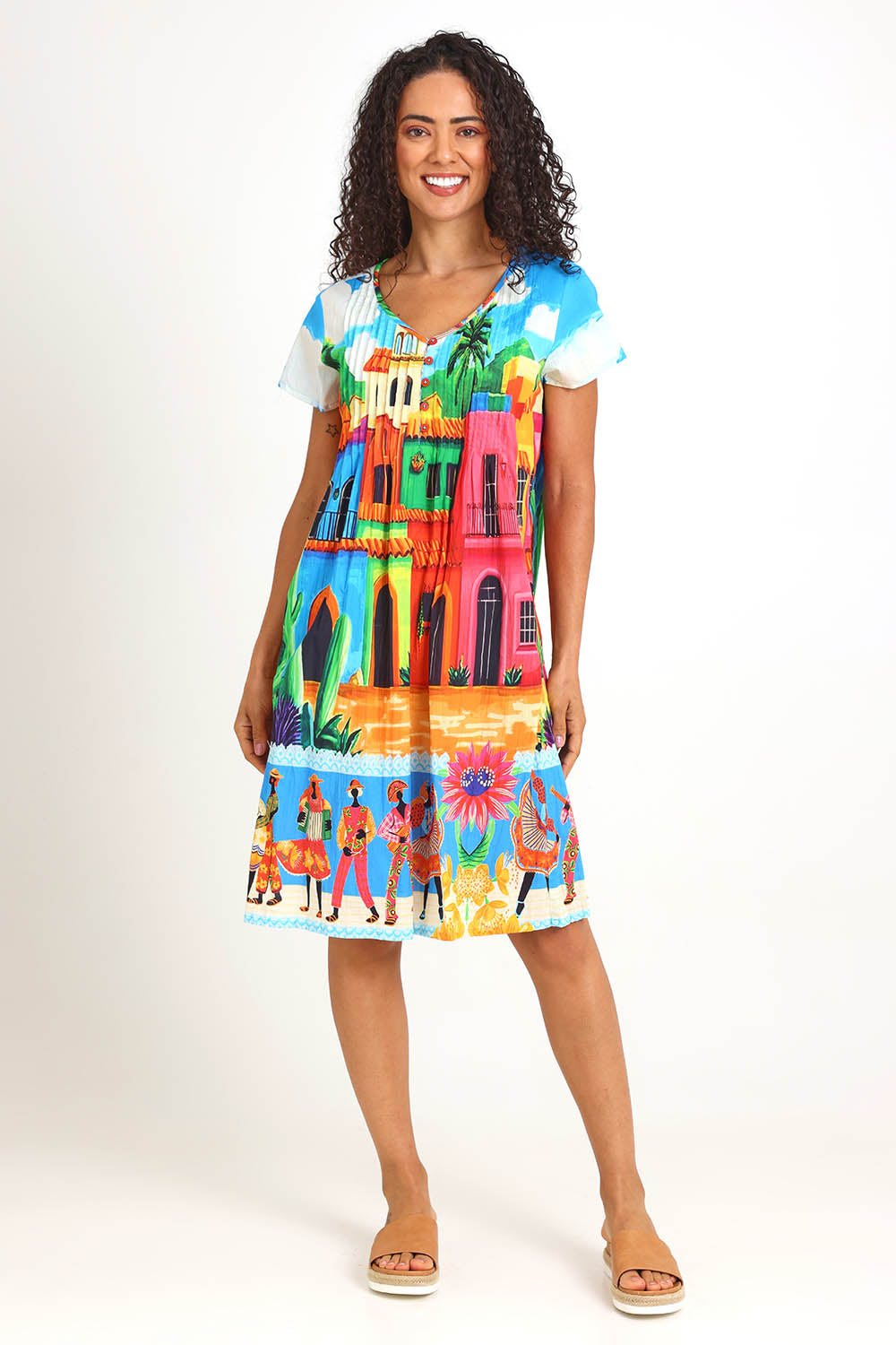 Model Pamelar wearing size 10 of the Easy Fit Dress – Mexicana in colour Mexicana, from the front