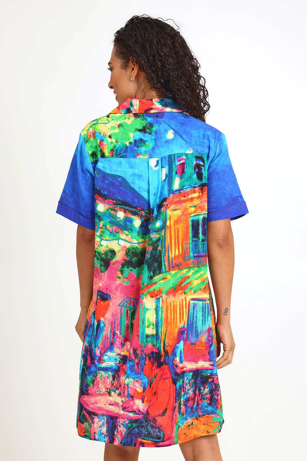 Model Pamelar wearing size 10 of the Boxy Collar Dress – French in colour French, from the back