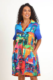 Model Pamelar wearing size 10 of the Boxy Collar Dress – French in colour French, in a cropped view