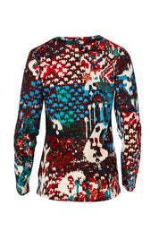 Product shot of the Ikat Crew LS Tee in colour Ikat (Red), from the back