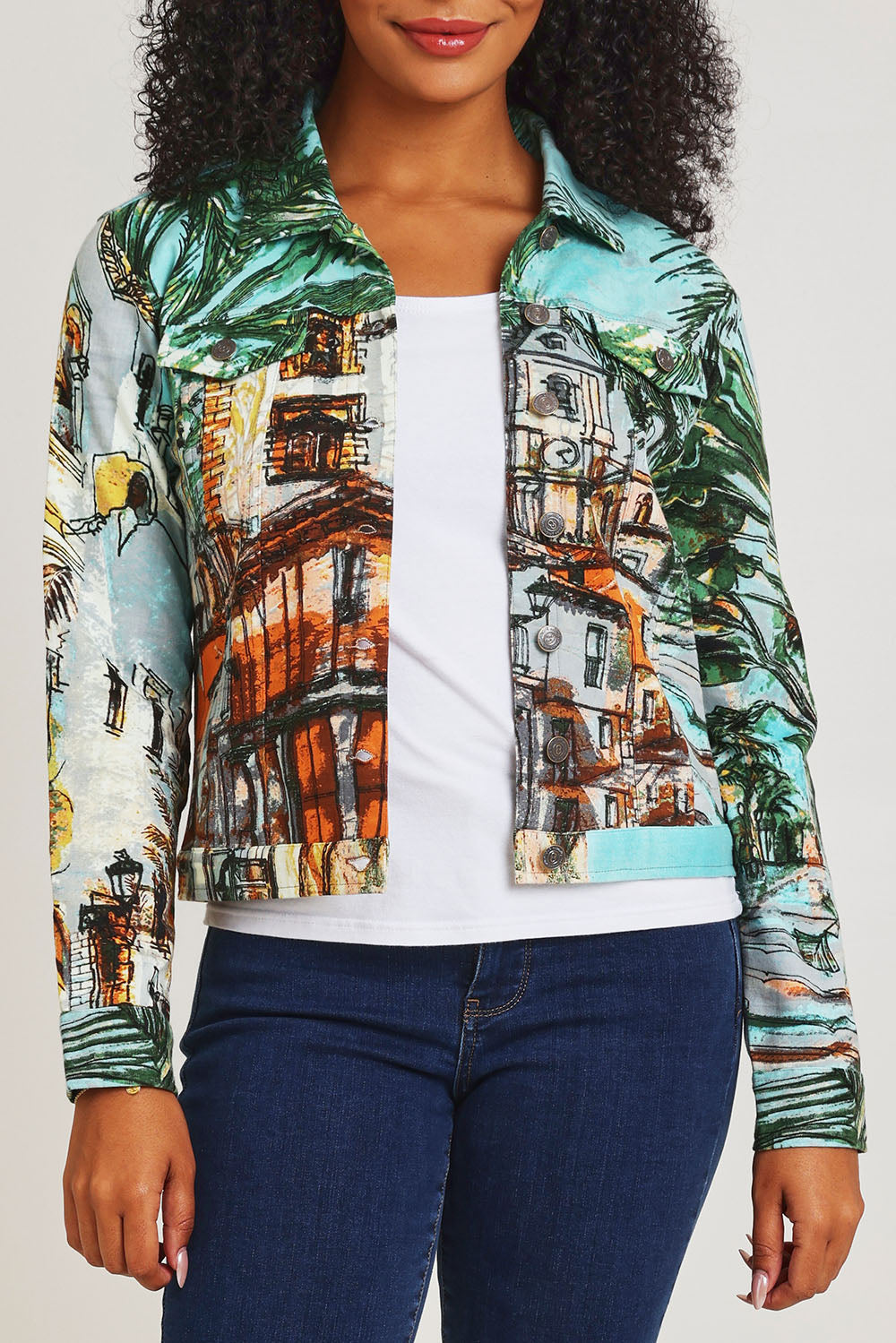 Model Ziara wearing size 10 of the Biker Jacket in colour Alicante (Green), from the front, cropped image