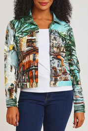 Model Ziara wearing size 10 of the Biker Jacket in colour Alicante (Green), from the front, cropped image