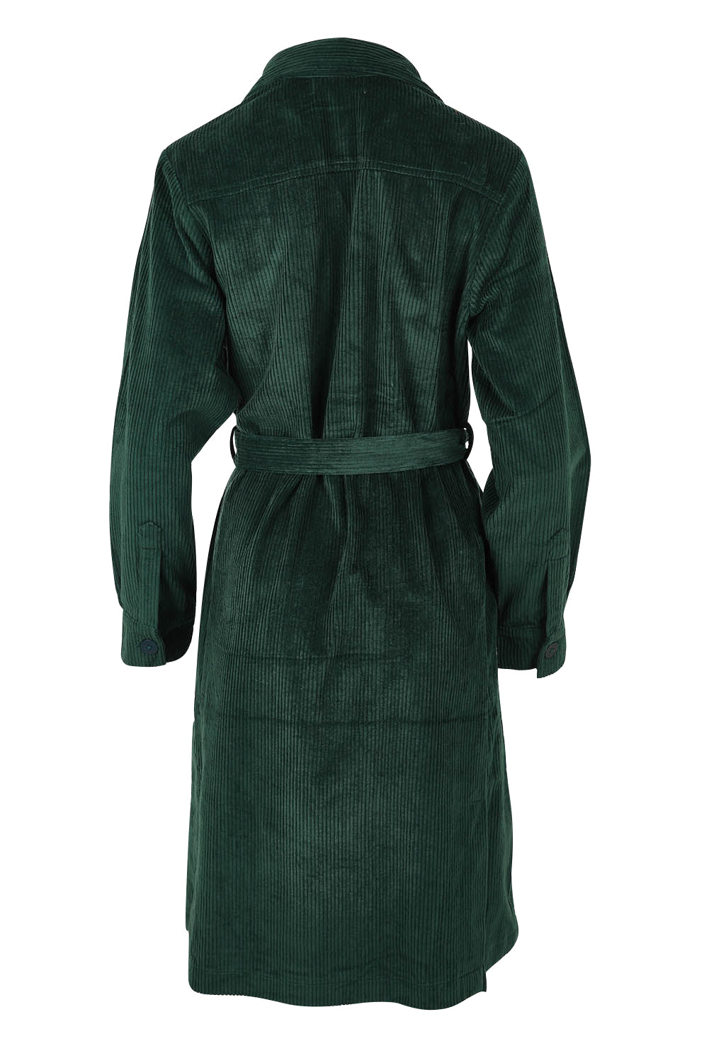 Product shot of the Essentials Cotton Corduroy Trench Coat in colour Pine (Green), from the back