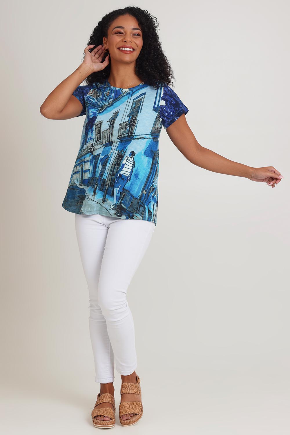 Model Ziara wearing size 10 of the Cotton Crew Contemporary Tin colourShirt - Towerblue, from the front, showing the whole outfit