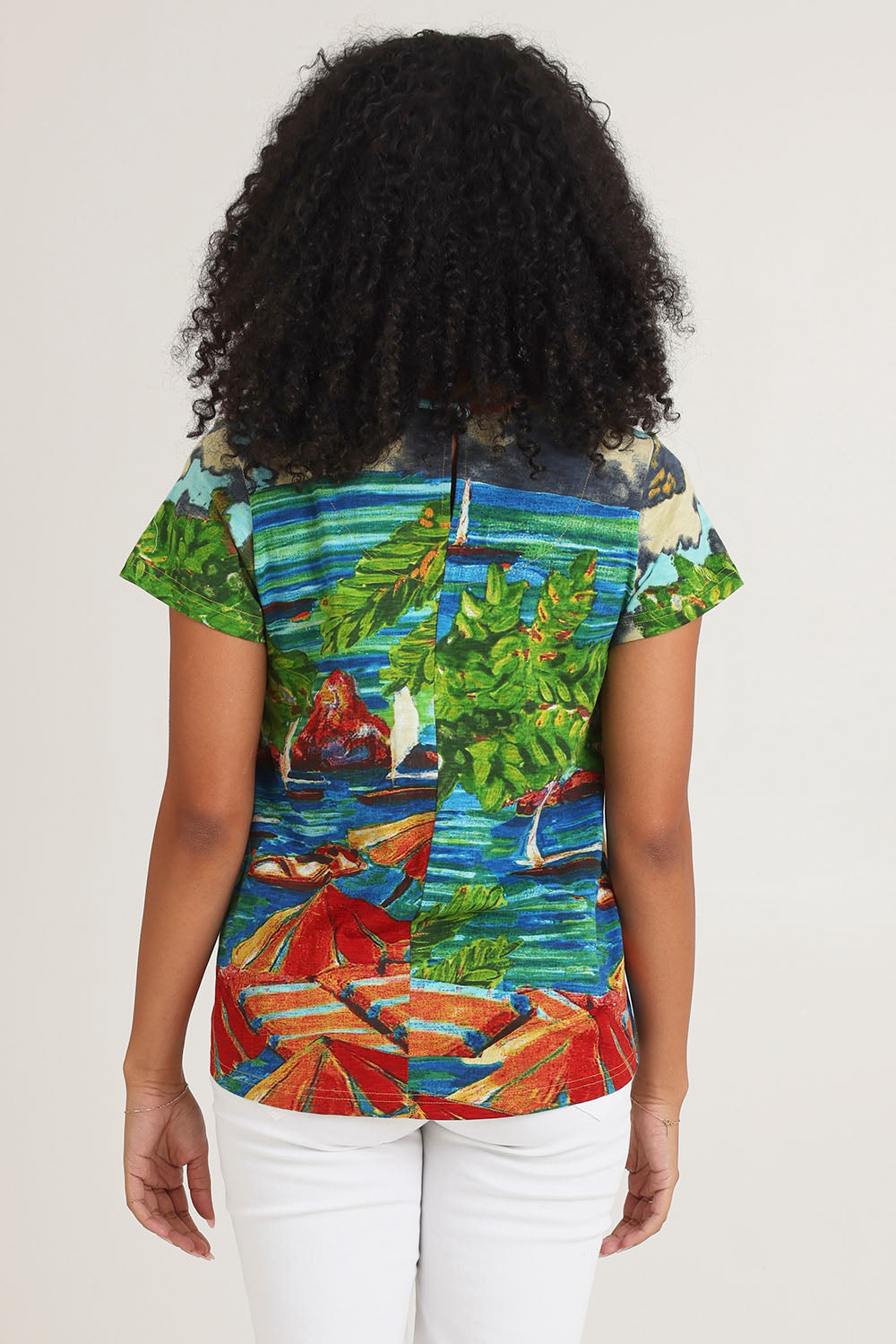 Model Ziara wearing size 10 of the Vin colourContemporary Cotton T-Shirt - Ibiza, from the back