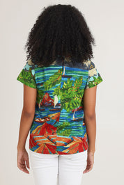 Model Ziara wearing size 10 of the Vin colourContemporary Cotton T-Shirt - Ibiza, from the back