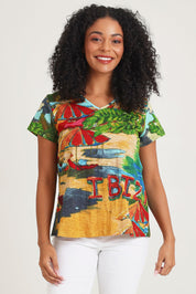 Model Ziara wearing size 10 of the Vin colourContemporary Cotton T-Shirt - Ibiza, from the front, cropped image