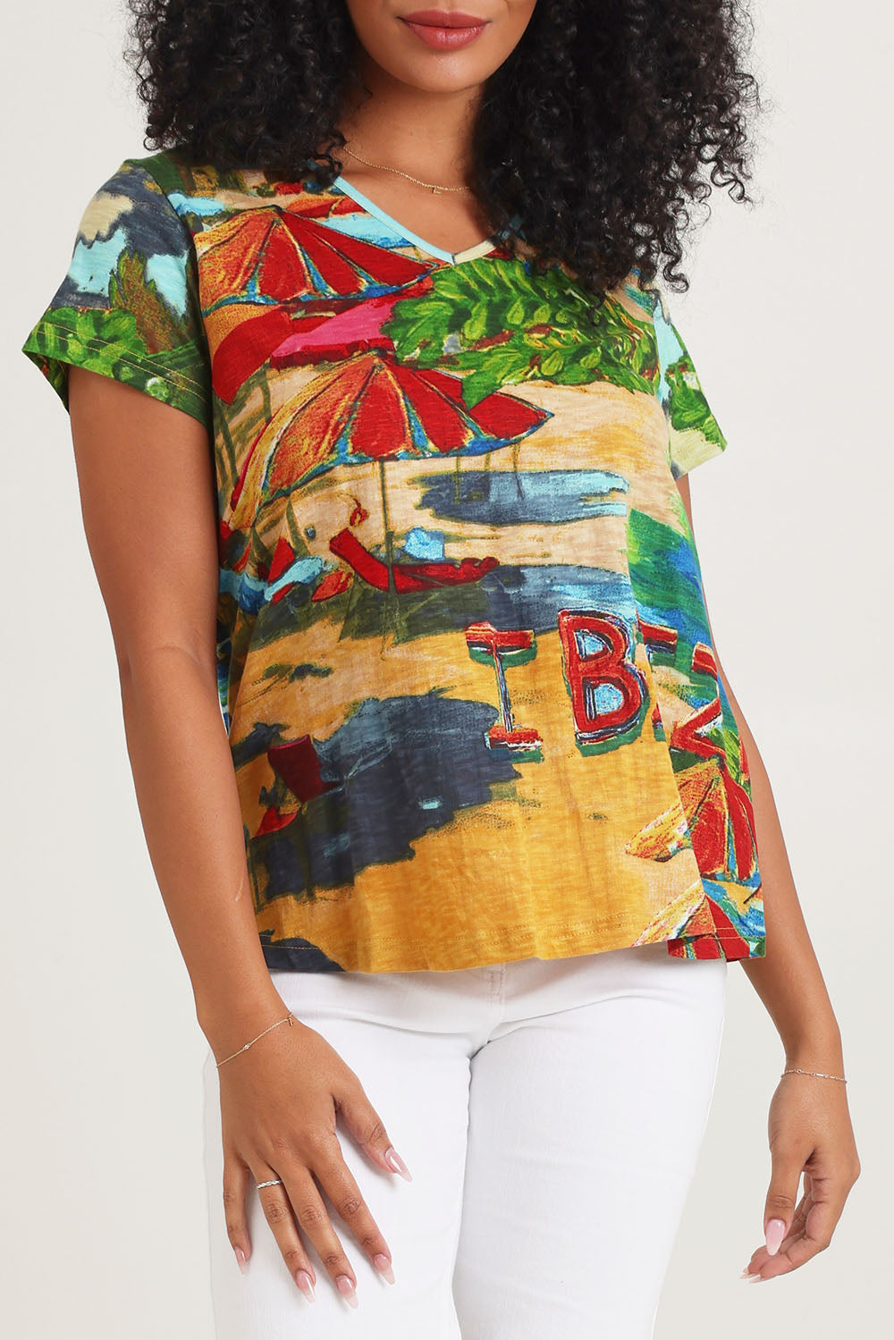 Model Ziara wearing size 10 of the Vin colourContemporary Cotton T-Shirt - Ibiza, from the front, cropped image