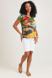Model Ziara wearing size 10 of the Vin colourContemporary Cotton T-Shirt - Ibiza, from the front, showing the whole outfit